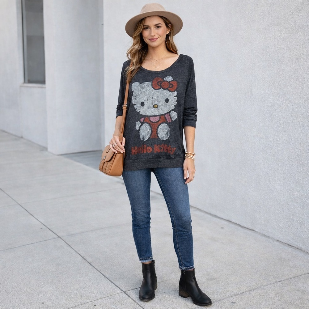 Hello Kitty Sanrio Distressed Gray Marbled Long Sleeve Tee Shirt Top Size XLarge